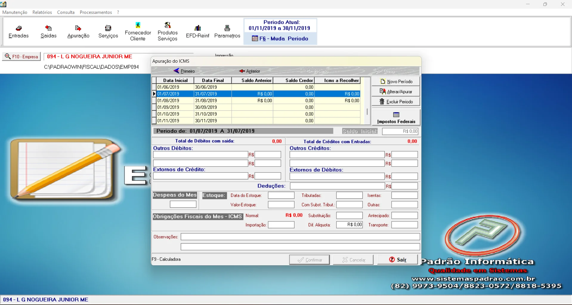Tela de Controle de Impostos